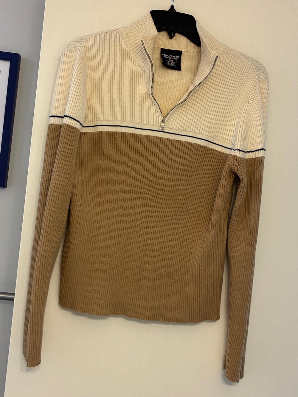 Polo Jeans Co Ralph Lauren Cream and Tan Y2K Vintage Ribbed Half-Zip Sweater
